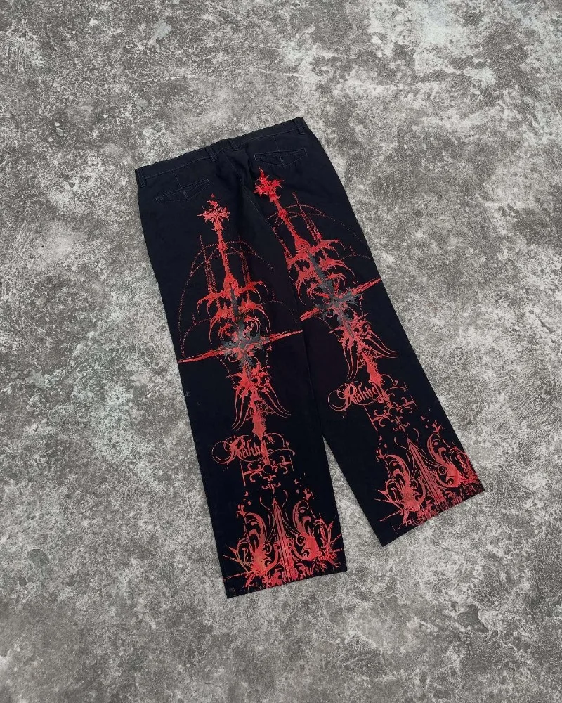 فاسق القوطية مخطط طباعة روك فضفاض عالية الخصر السراويل النساء الهيب هوب Harajuku Y2K الشارع الشهير موضة المتضخم غسل الجينز