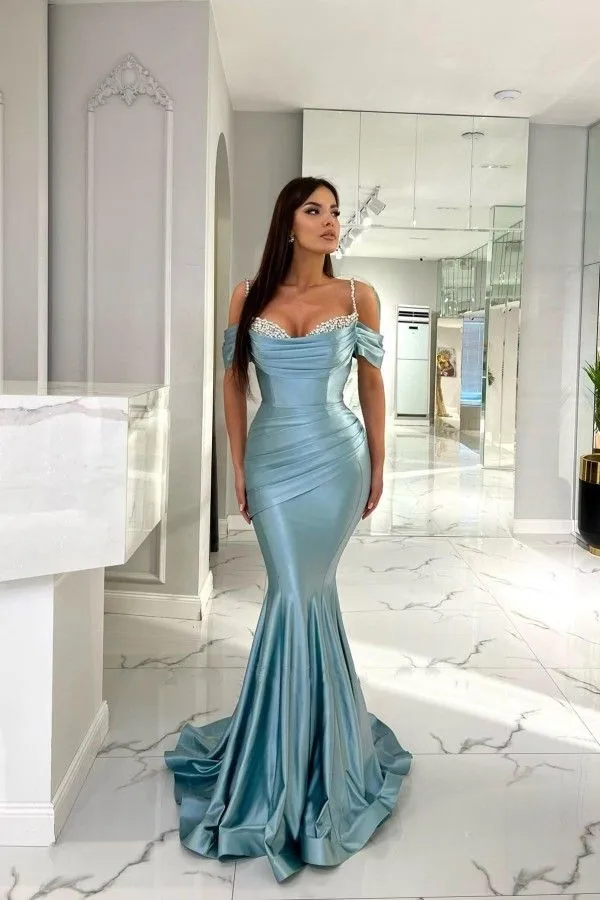 

Blue Mermaid Evening Dresses Stretchy Satin Long Slim Crystal Spaghetti Strap Pleats Ruched Formal Party Prom Gowns Custom made