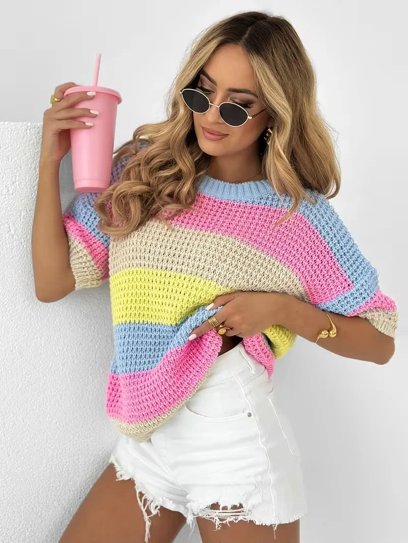 Pull tricoté à manches courtes rayé bleu et rose, col rond ample, style décontracté pour l'été, pour jeune fille