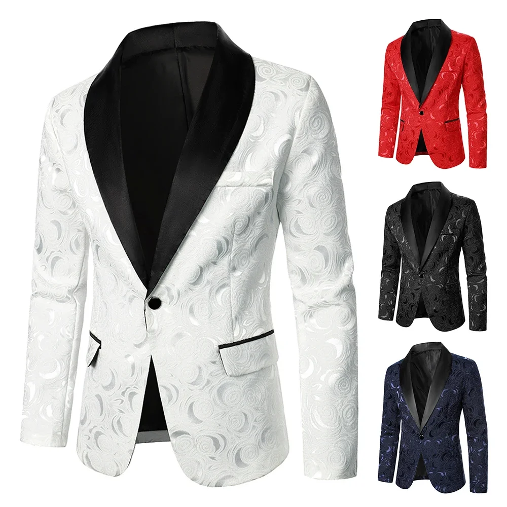 Heren Pak Jas Roze Patroon Heldere Jacquard Stof Contrast Kleur Kraag Feest Luxe Design Causale Mode Slim Fit Heren Blazer