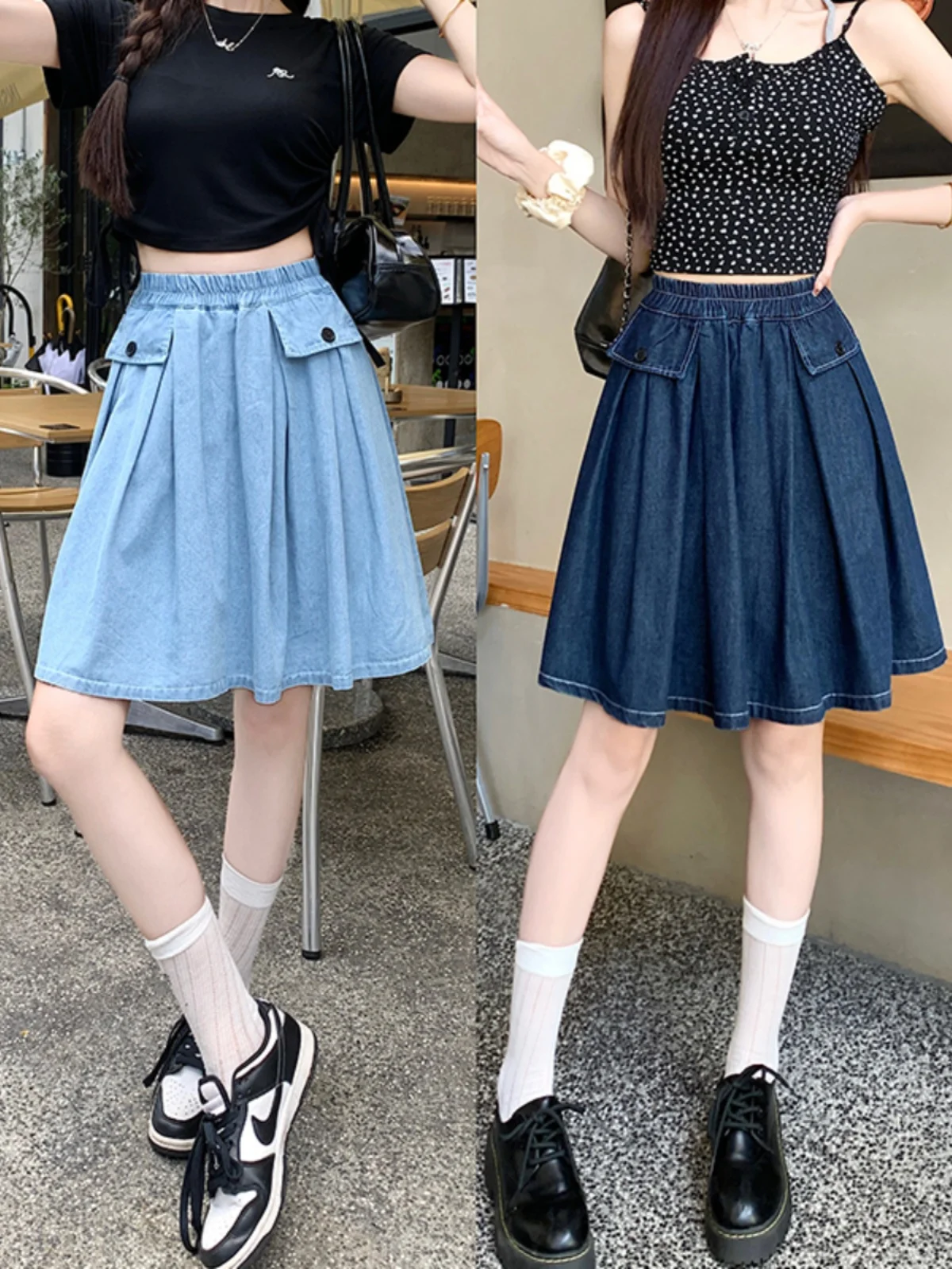 

Slimming A-Line Skirt Denim Anti-Light Pleated Women's Summer New plus Size Short Skirt High Waist Korean Style Commute