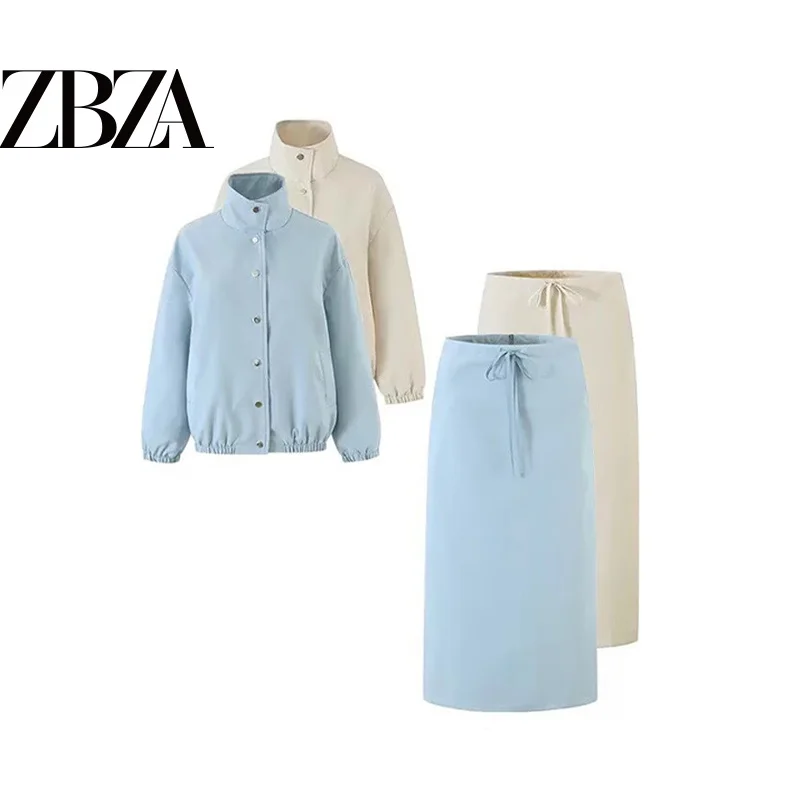 Fashionable Workwear Style Windbreaker Jacket with Cord Pockets And Halter Skirt Set for Women Autumn Season Two-Piece Set