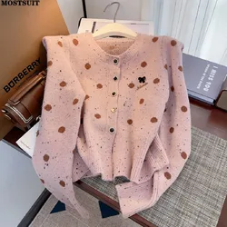 2024 Autumn Stylish Dot Knitted Cardigan Sweater For Women Elegant Fashion Chic Ladies Tops Long Sleeve O-neck Jumpers Femme