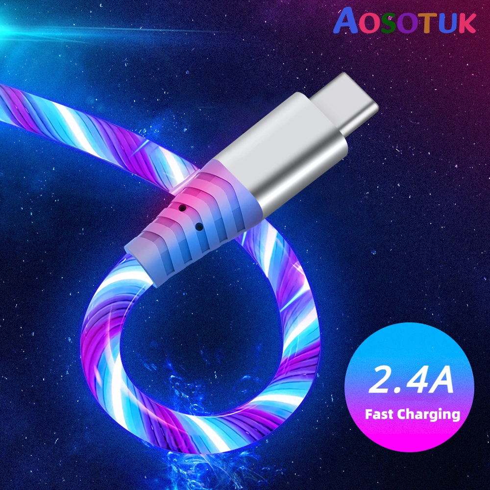 Flow Luminous USB Type C Cable  Fast Charging Data Cord for Samsung Xiaomi OPPO Huawei IPhone Charger Micro USB Wire LED Cable