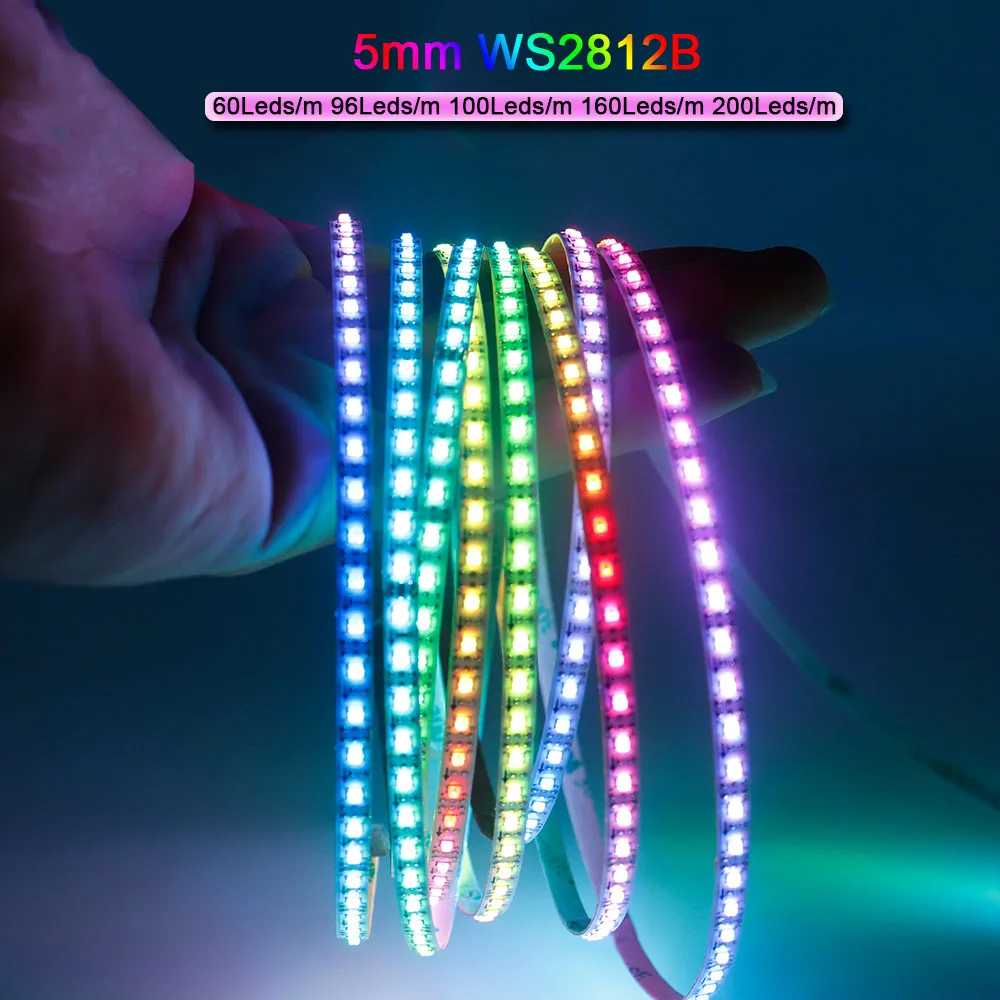 

5mm Ultra-Narrow WS2812B 2020SMD LED Strip Light Individually Addressable RGBIC WS2812 60/100/120/160/200Leds/m Tape DC5V