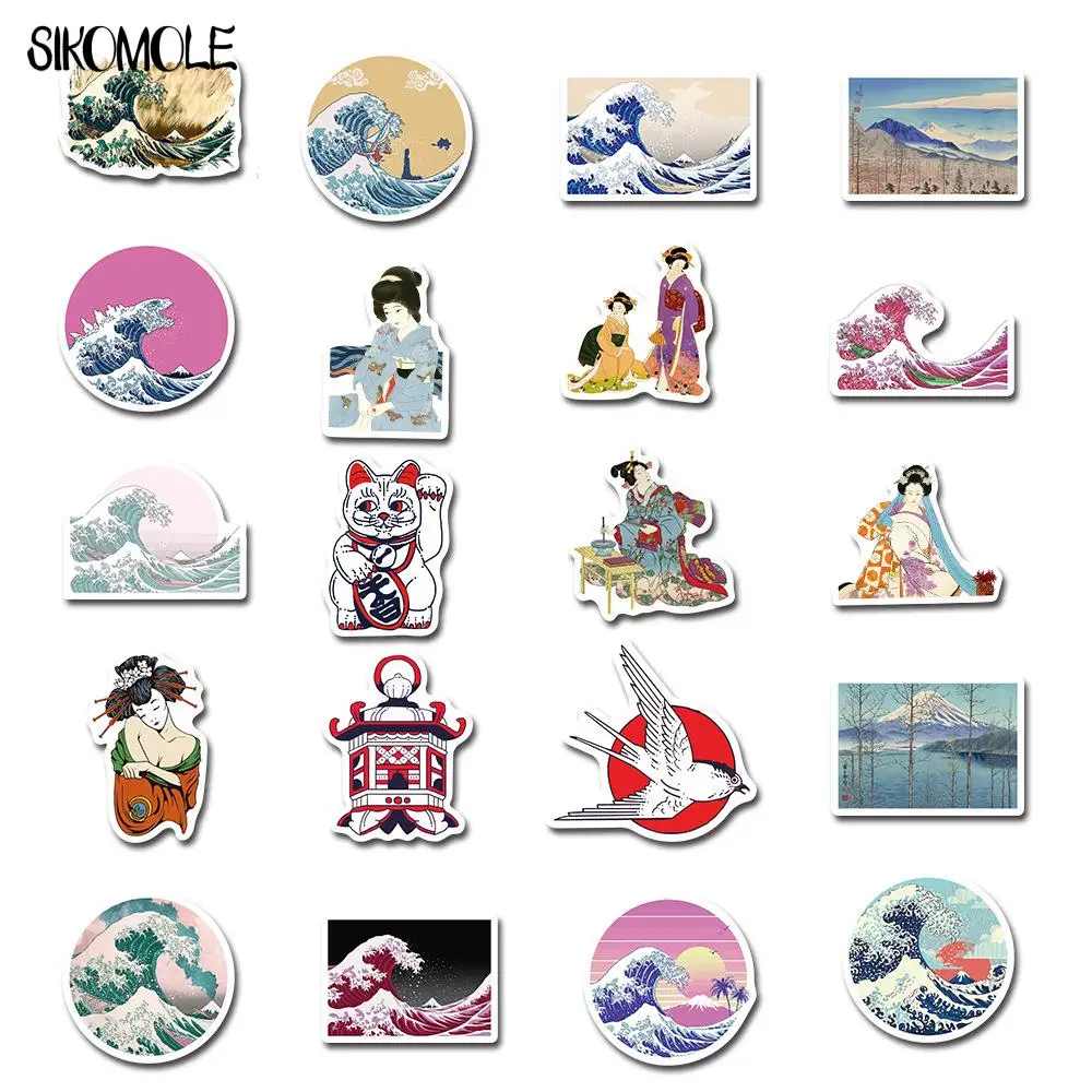 10/30/50PCS Cartoon Vintage Sea Wave Doodle Sticker Japanese Ukiyo-e Art Kids Stationery Laptop Guitar Decal Graffiti Sticker F5