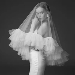 LA017 velo da sposa elegante morbido Tulle bordo arruffato che copre il viso spose bianche copricapo fatto a mano velo per abito da sposa