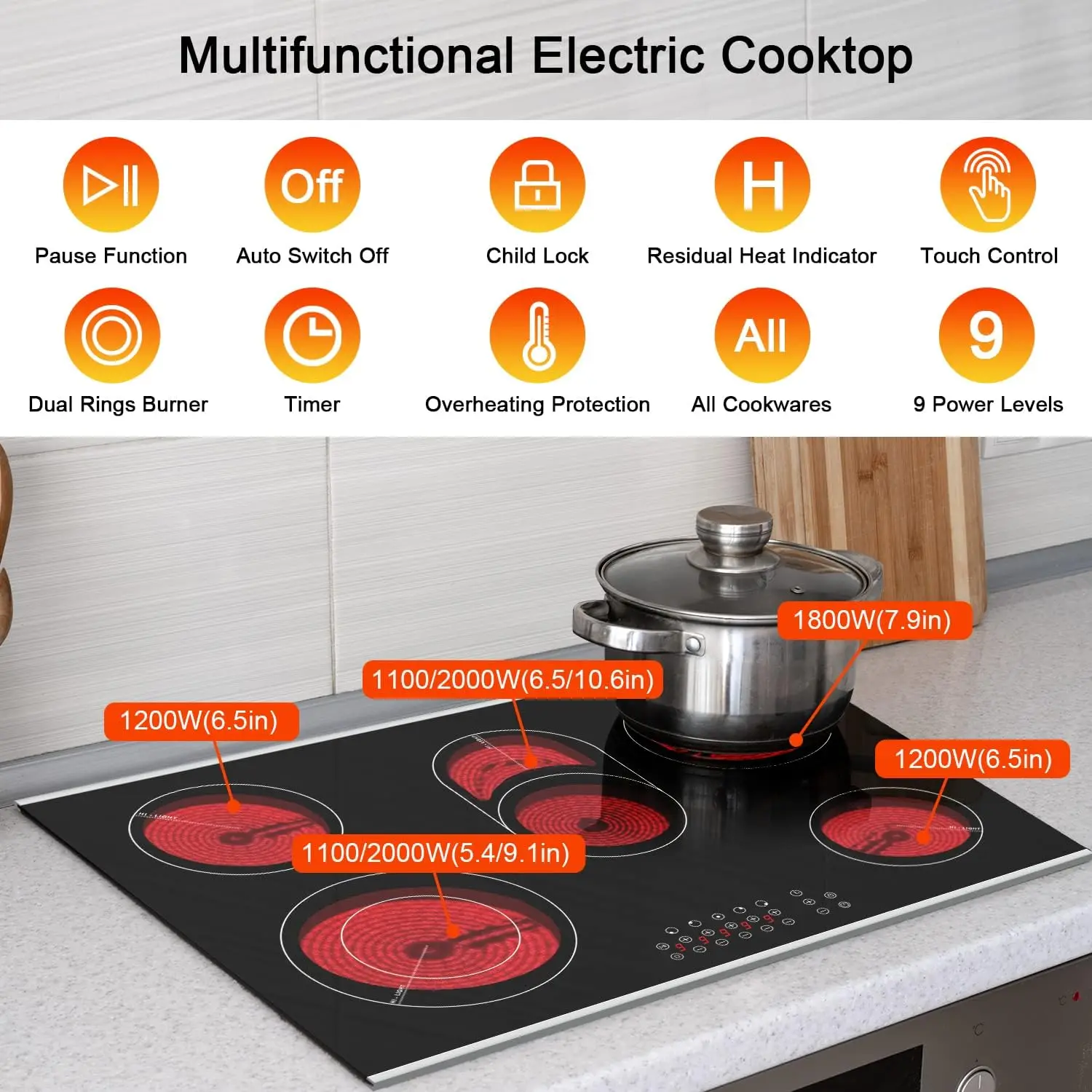 Electric Cooktop 5 Burners Electric Stove Ceramic Cooktop, Drop-in Electric Radiant Cooktop with Front and Back Metal Frame, Chi