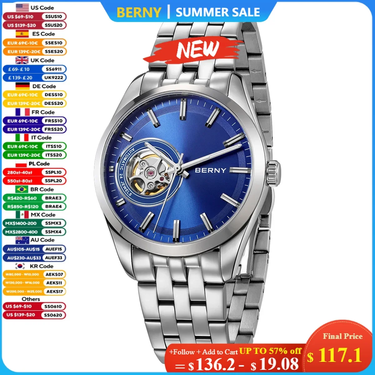 

BERNY Automatic Mechanical Watches for Men Luxury Fashion Elegant Skeleton Business Dress Men's Watch Sapphire 5ATM Wristwatch