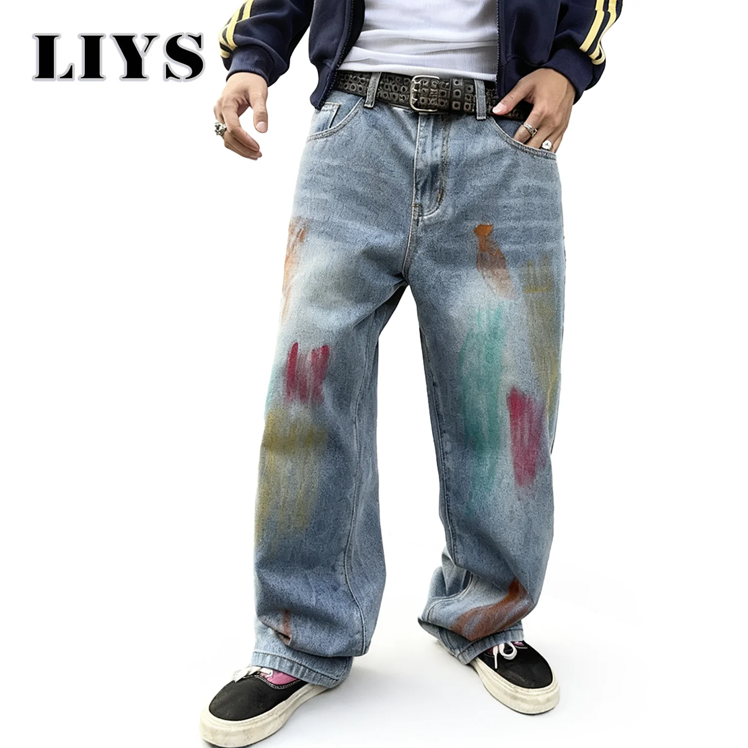 กางเกงยีนส์ทรงตรงหลวมสไตล์เรโทรลายกราฟฟิตี้สำหรับผู้ชาย ดีไซน์ลวดลายนามธรรม ใส่สบายๆ สำหรับฤดูใบไม้ร่วงและฤดูหนาว