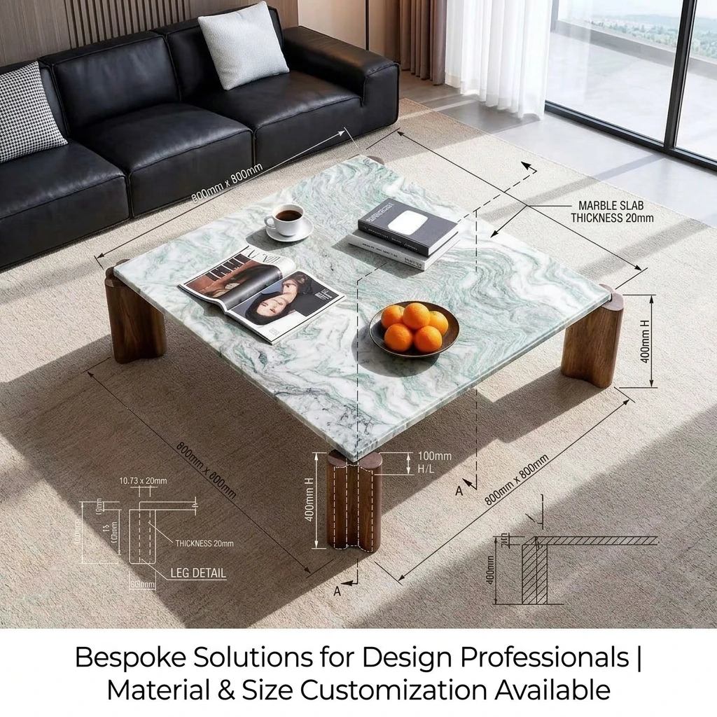 #￥Custom Wood & Natural Stone Coffee Table Norwegian Jade Top Ash Wood Veneer Base Made-to-Order for Premium Commercial Projects