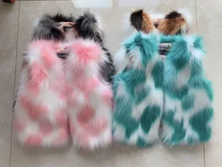 Children Fur Vest 2024 Autumn Winter New Girls Patchwork Faux Fox Fur Thickened Colorful Fur Coat Baby Clothes Vest