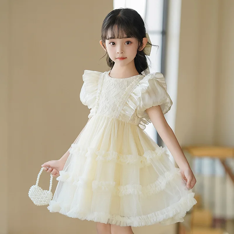 New Summer Lolita style Girls Dress Mesh Lace Puff Sleeve Multi Layer Design Cake Princess Party Dress For 2-8 Years Girls