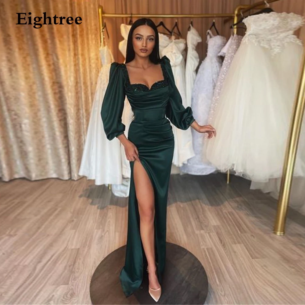 

Eightree Dark Green Mermaid Evening Dresses Stain Elegant Sequined High Side Slit Puff Sleeves Prom Grown Vestido De Noche 2023