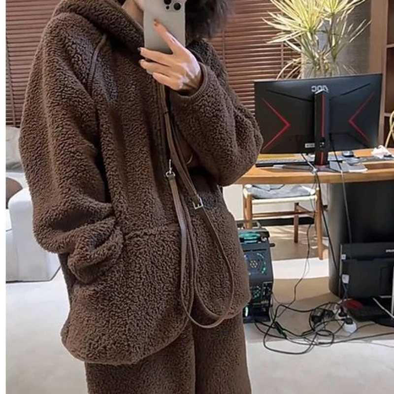 

European Winter Korean Version Casual and Thin Hooded Top High Waist Solid Color Trousers Can Be Worn Outside Loungewear Suit