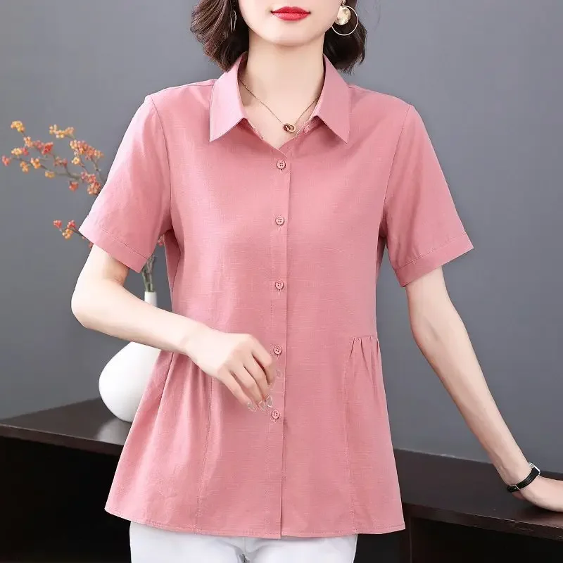 Women's Clothing Short Sleeve Shirt New Summer Loose Solid Color Blouse Lapel Button Shirring Fashion Elegant Office Lady Tops