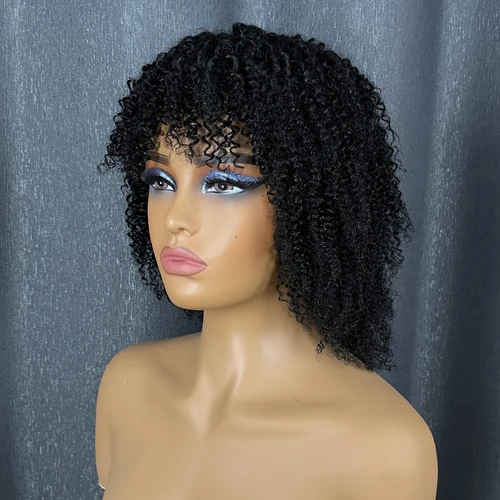 Imagen 2 del producto Peluca de cabello humano rizado profundo con flequillo para mujeres negras, cabello virgen de estilo rizado, pelucas Bob de línea de cabello prearrancadas hechas a máquina