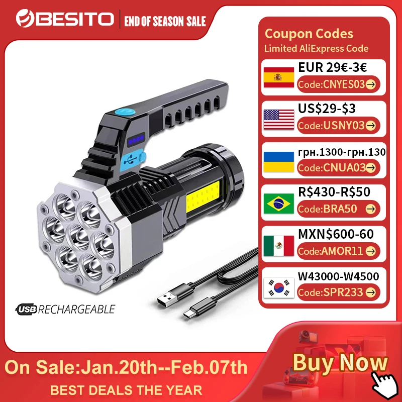 High Power Rechargeable Led Flashlights 7LED Camping Torch With Cob Side Light Lightweight Outdoor Lighting ABS Material