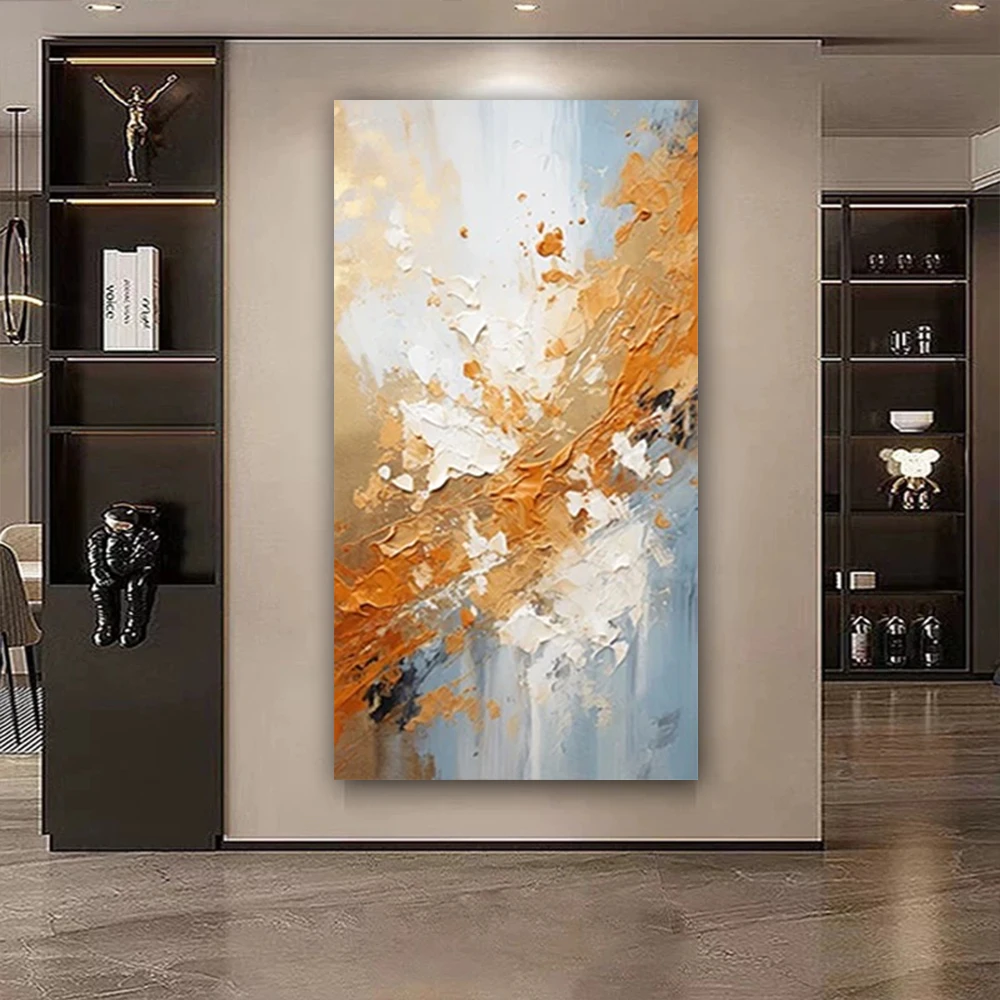 Peinture sur toile sans cadre, peinture à l'huile géométrique abstraite moderne jaune et bleue, grande décoration murale, peinture d'intérieur, 1 pièce