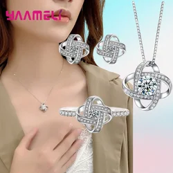 Flower Jewelry Set 925 Sterling Silver Color Pendant Necklace Stud Earrings Finger Ring for Women Birthday New Year Gift