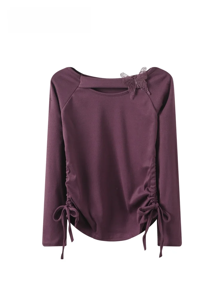 

plus Size Hollow out Long Sve T-irt Women's Spring Faion Irregular Design oulder Bared Casual Top for Plump Sister