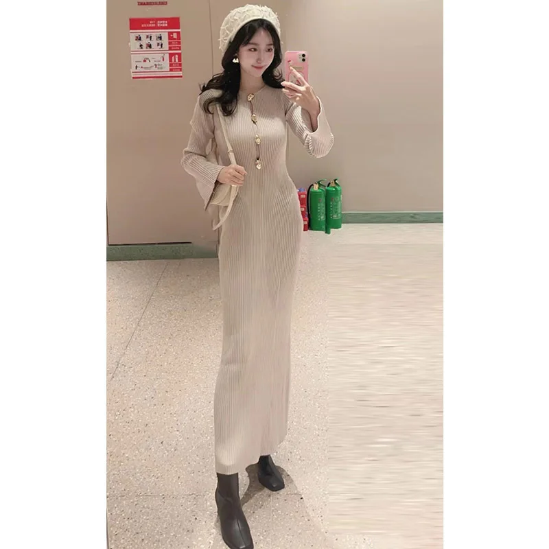 Japanese 2026 New Spring Golden Button Thread Long Sleeve Dress Women High Stretch Elegant Ultra Long Knitted Basic Dress
