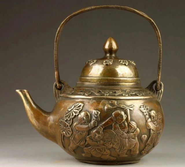 

China's rare handmade old copper five children playing the teapot