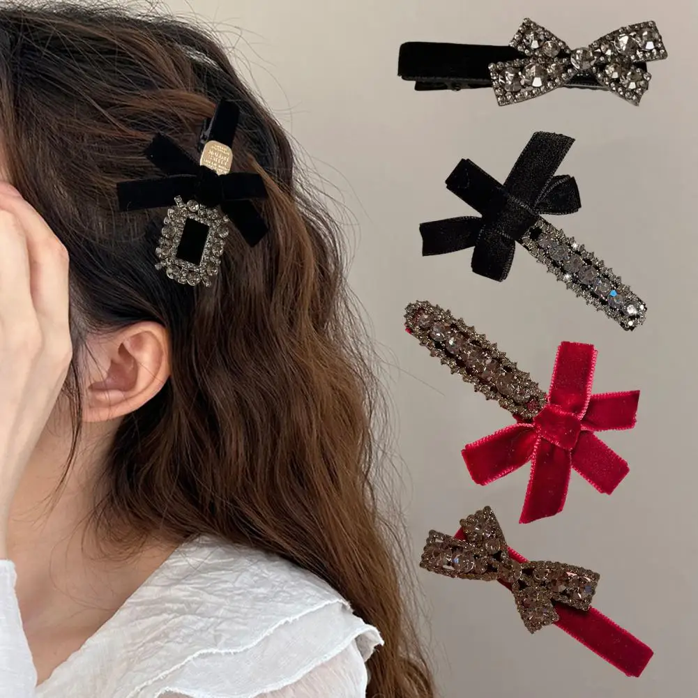 

Мягкие бархатные заколки для волос (2 шт.) с бантом и стразами, с надежной фиксацией, для челки