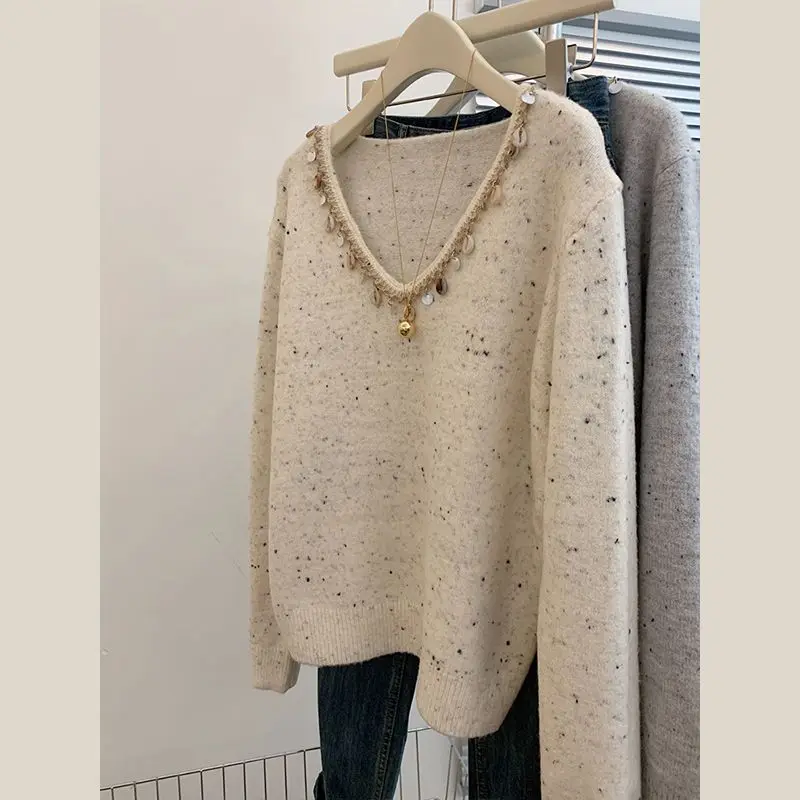 Women\'s Stylish Vintage Sequins Chic Knitted Sweater Autumn Winter Printed V Neck Long Sleeve Loose Pullover Tops Female Jumpers