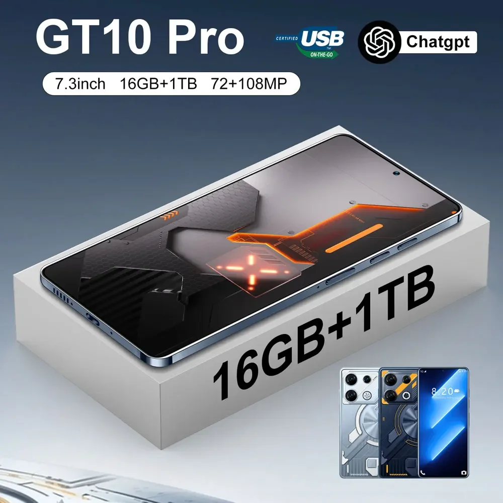 Cellphones GT10 Pro 5G Smartphone 7.3HD Snapdragon8 Gen2 Android 13 Cell Phone 108MP 6800mAh Global Version Smart Mobile Phone