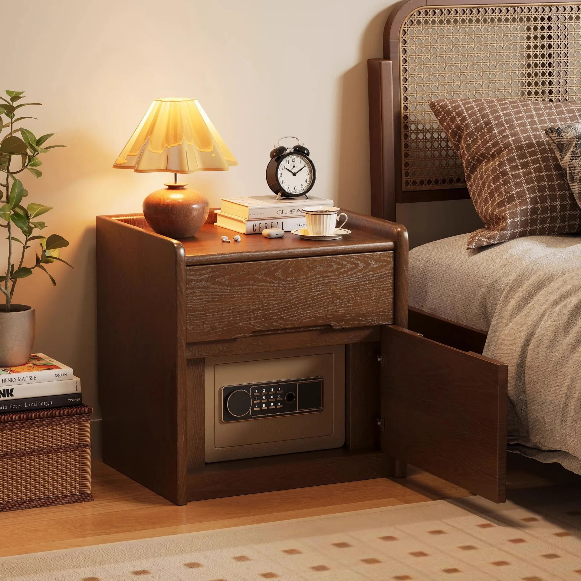 Solid Wood European Style Nightstand Bedside Cabinet with Fingerprint and Password Safe Multi-functional Bedroom Furniture