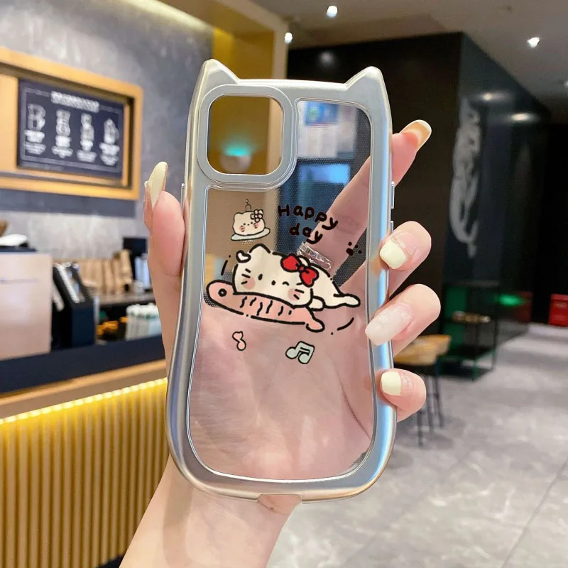 헬로키티 TPU 소프트 케이스 전기 도금 실버 고양이 귀 클리어 폰 케이스 아이폰 17 프로 맥스 16 15 14 13 12 11용
