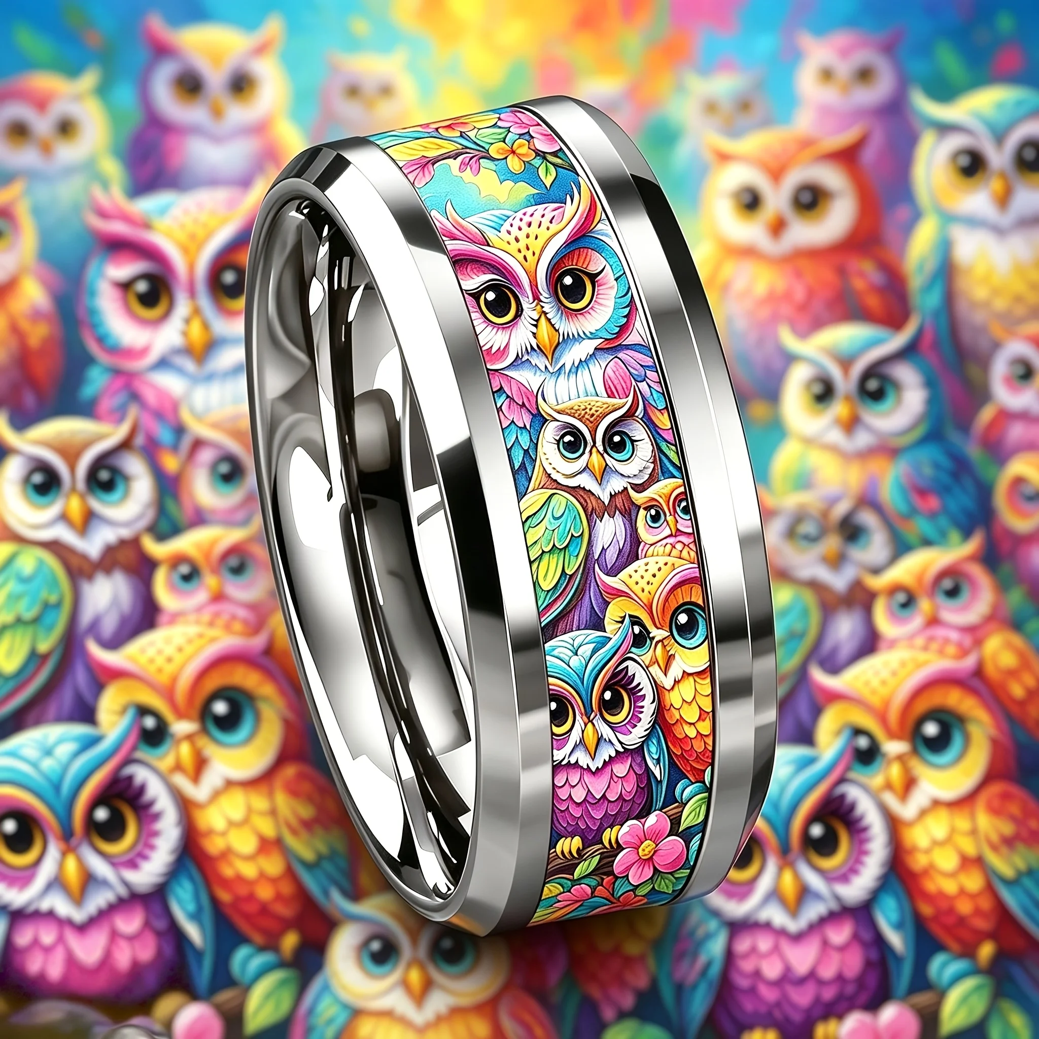 Boho Cute Cartoon Owl Family Flower Pattern Stainless Steel Ring For Women Vintage Style Stackable Finger Ring Statement Jewelry