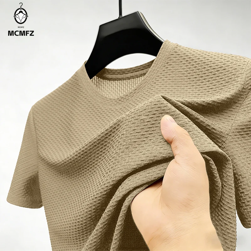 Fashion Men's Business Casual Ice Silk T-Shirt Crew Neck Short Sleeve Khaki Work Wear Tops