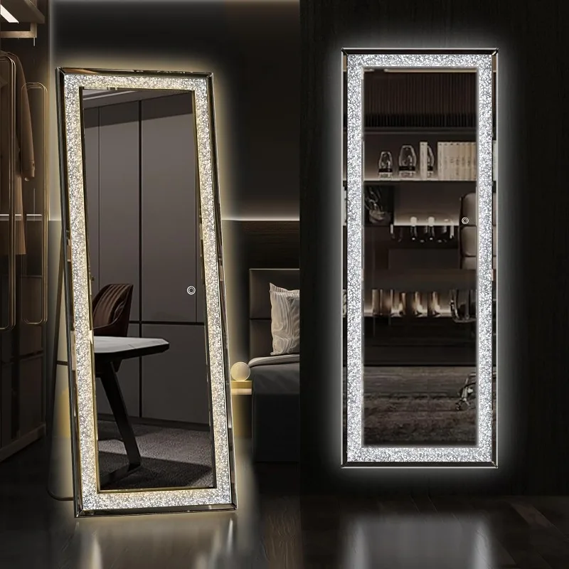 

Crystal Full Length Mirror with Stand 59" x 18" Black Crushed Diamond Full Body Mirror Long Standing Mirror