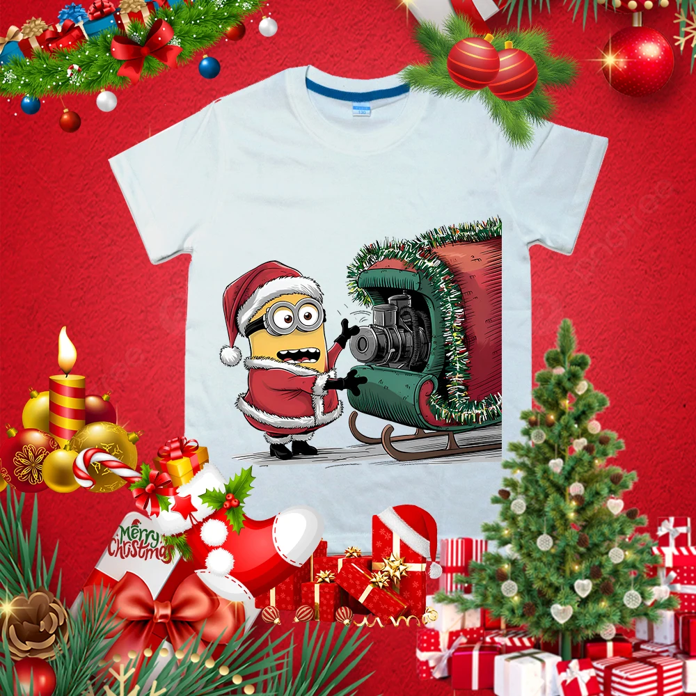 

Christmas Minions 3 classic print kids T-shirt casual tops suitable for boys and girls summer children's cotton short sleeves