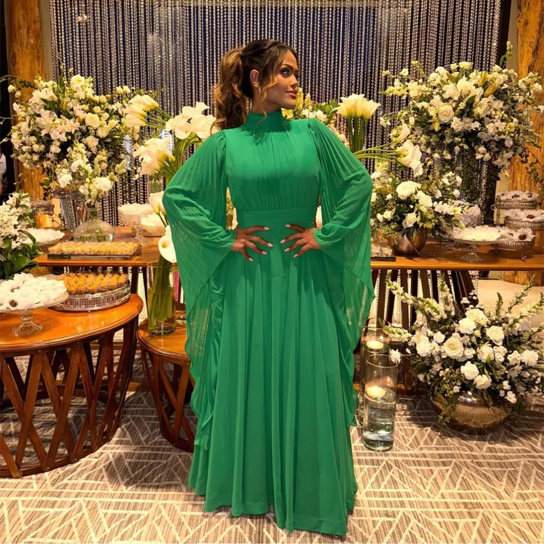 

Jirocum Elegant Long Sleeve Green Chiffon Evening Dresses A-Line High Neck Prom Dress Floor Length for Women customized Saudi