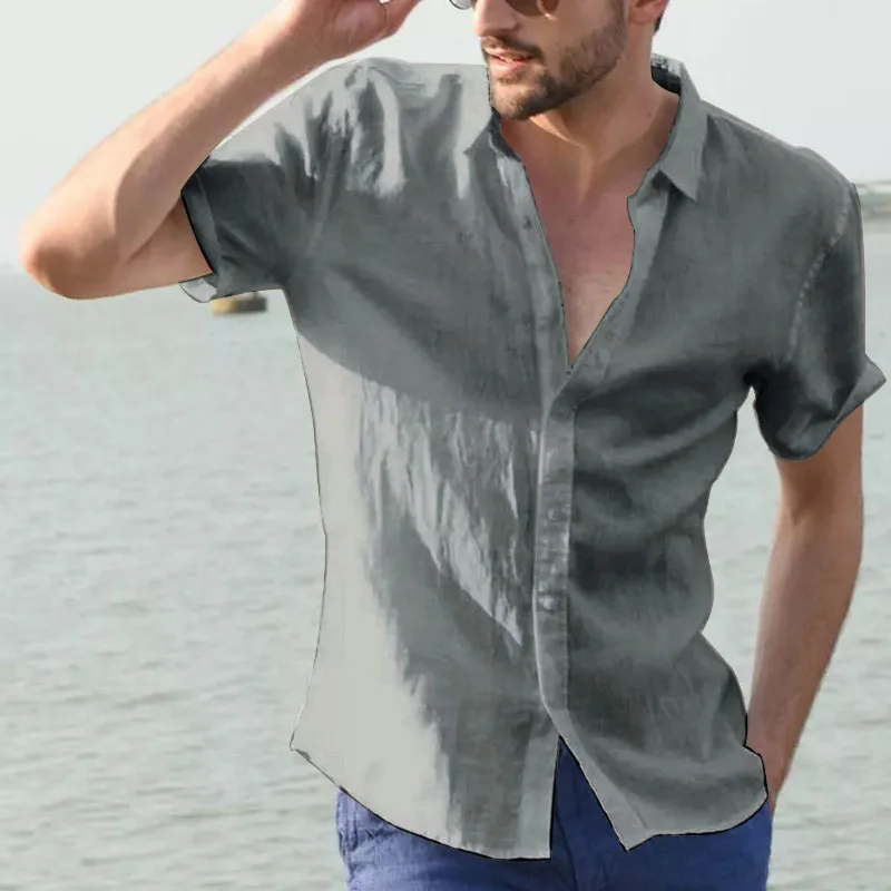 New Casual Loose Men\'s Shirt Summer Beach Holiday Solid Color Lapel Cardigan Breathable Short Sleeve Tops