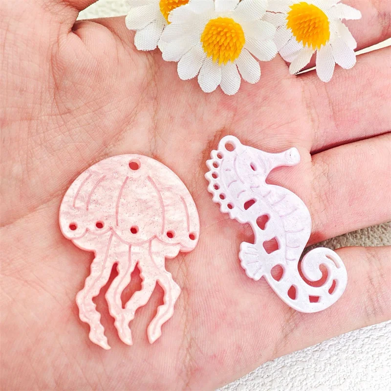 Newest 50pcs/lot color print Ocean style fish Seahorse jellyfish shape acrylic beads diy jewelry garment hair accessory