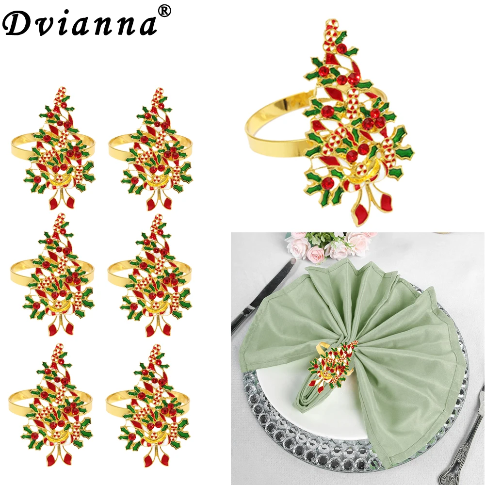 6 шт. металлические кольца для салфеток в виде рождественской елки - красочная роспись эмаль / декор Holly Berries & Candy |   Мерцающий рождественский декор стола