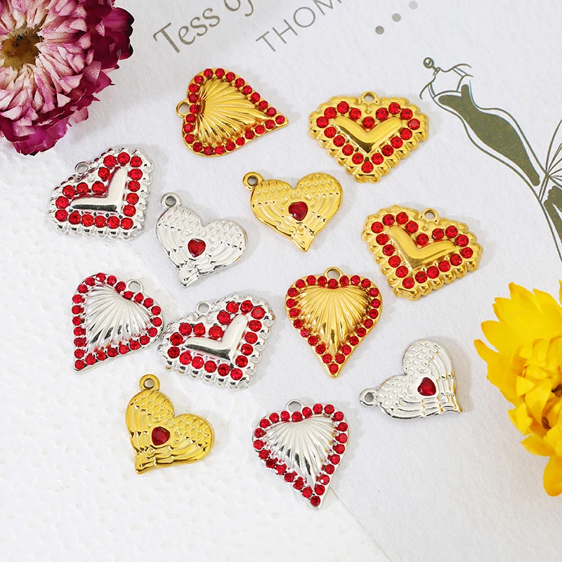 

4pcs Stainless Steel Retro Red Rhinestone Heart Charm Pendants PVD Gold for Women Necklace Earring DIY Jewelry Making Supplies