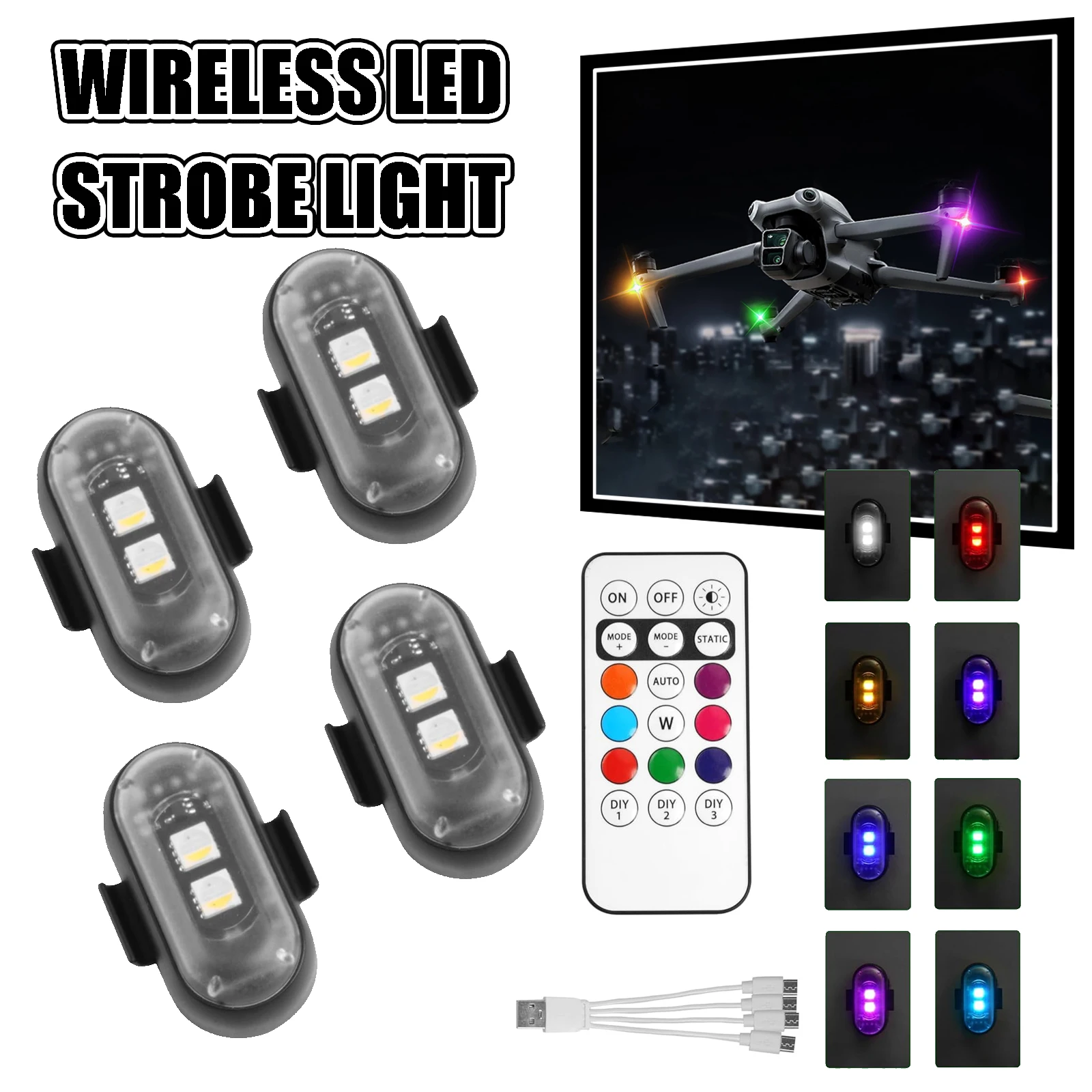 

4PCS Wireless LED Strobe Lights with Remote Control 8 Colors Adjustable USB Charging Car Led Lights Waterproof Warning Lights