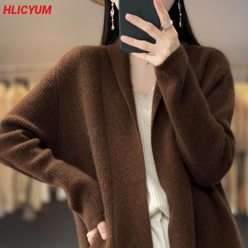 Long cashmere cardigan Autumn/winter new casual knitted garment Thickened V-collar lady\'s jacket loose 100% pure wool sweater