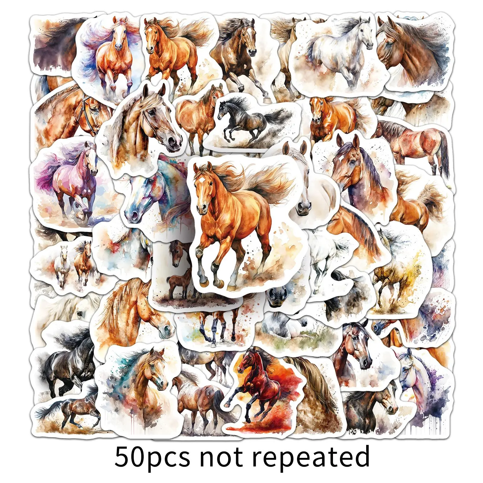 Autocollant cheval créatif aquarelle, 50 pièces, Animal de dessin animé peint, Graffiti, matériel pour manuel, autocollant d'ordinateur, nouveauté 2025