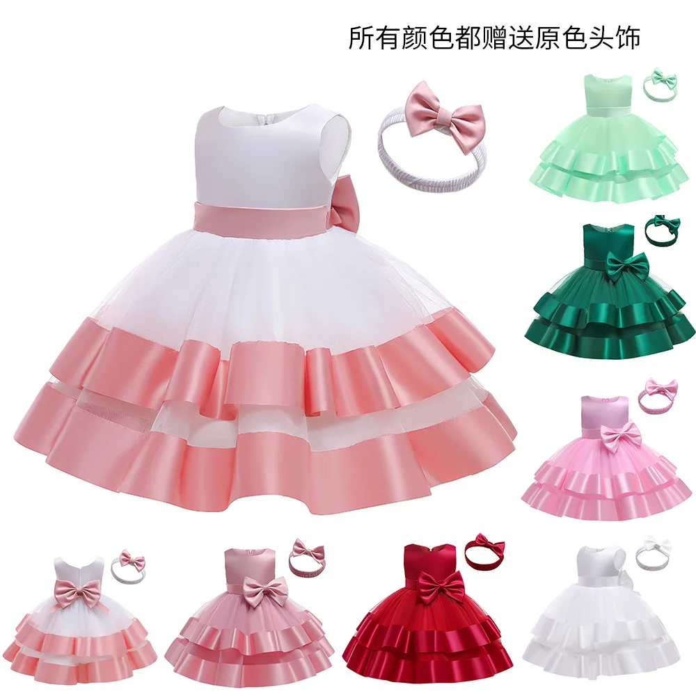 2024 Amazon Cross-Border Christmas Double Mesh Bow Dress Girls Dress Princess Dress Performance