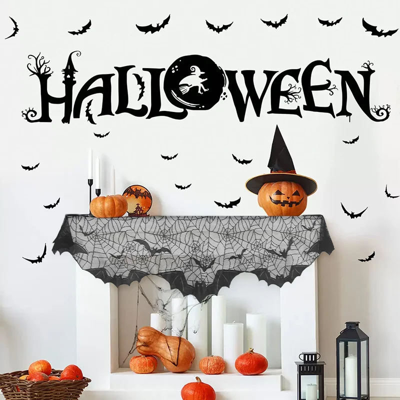 1PC Black Spider Web & Bat Halloween Horror Vibe Warp Knitted Lace Fireplace Cloth Stove Towel for Festive Decor