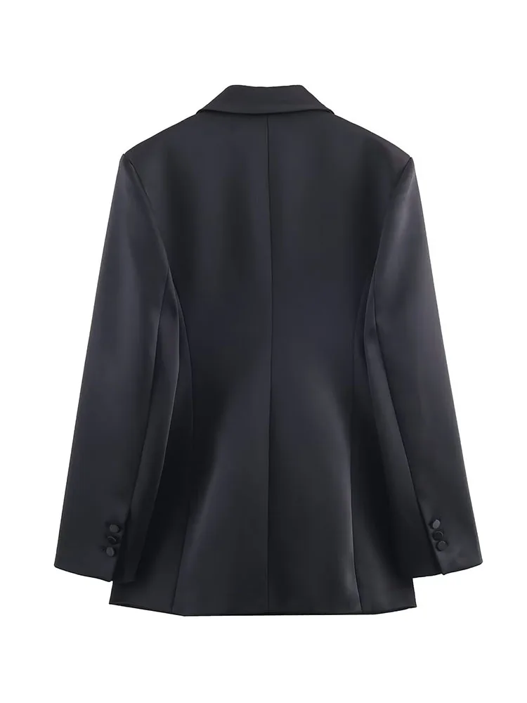 

HH Woman Autumn Fashion Silk Texture Long Sleeves Pocket Buttons Decoration Blazer Female Commuting Street Style Casual Jacket