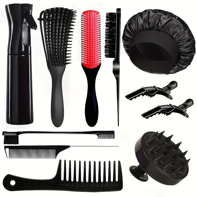 مجموعة تصفيف الشعر الاحترافية للجنسين مكونة من 11 قطعة - زجاجة رذاذ مياه متينة من PET، فرشاة مجوفة، فرشاة شامبو، مشط ذيل الفئران