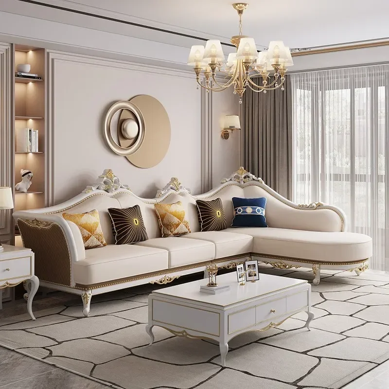 

American light luxury European sofa leather luxury living room solid wood carving flower Jianou high-end furniture
