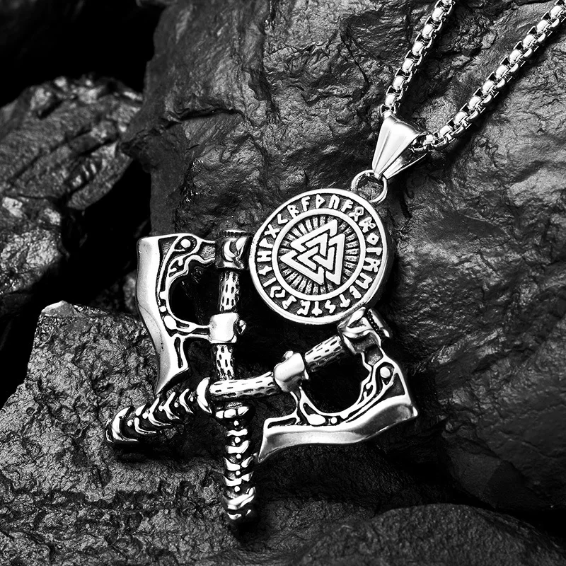 Nordic Odin triangle knot rune double ax necklace men's personalized punk trend jewelry